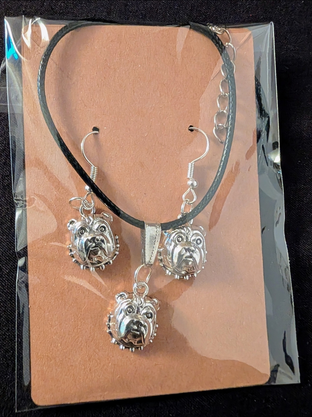 Hand Crafted Silver Bulldog Charm Necklace & Earrings Set on Black Cord